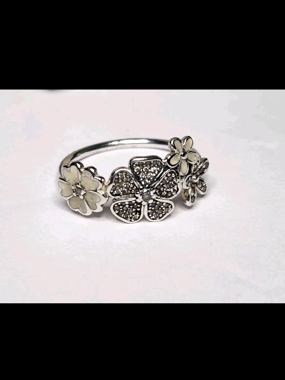 Pandora Sterling Silver .925 ALE Sparkling Daisies Ring Size 7.5 Enamel & CZs